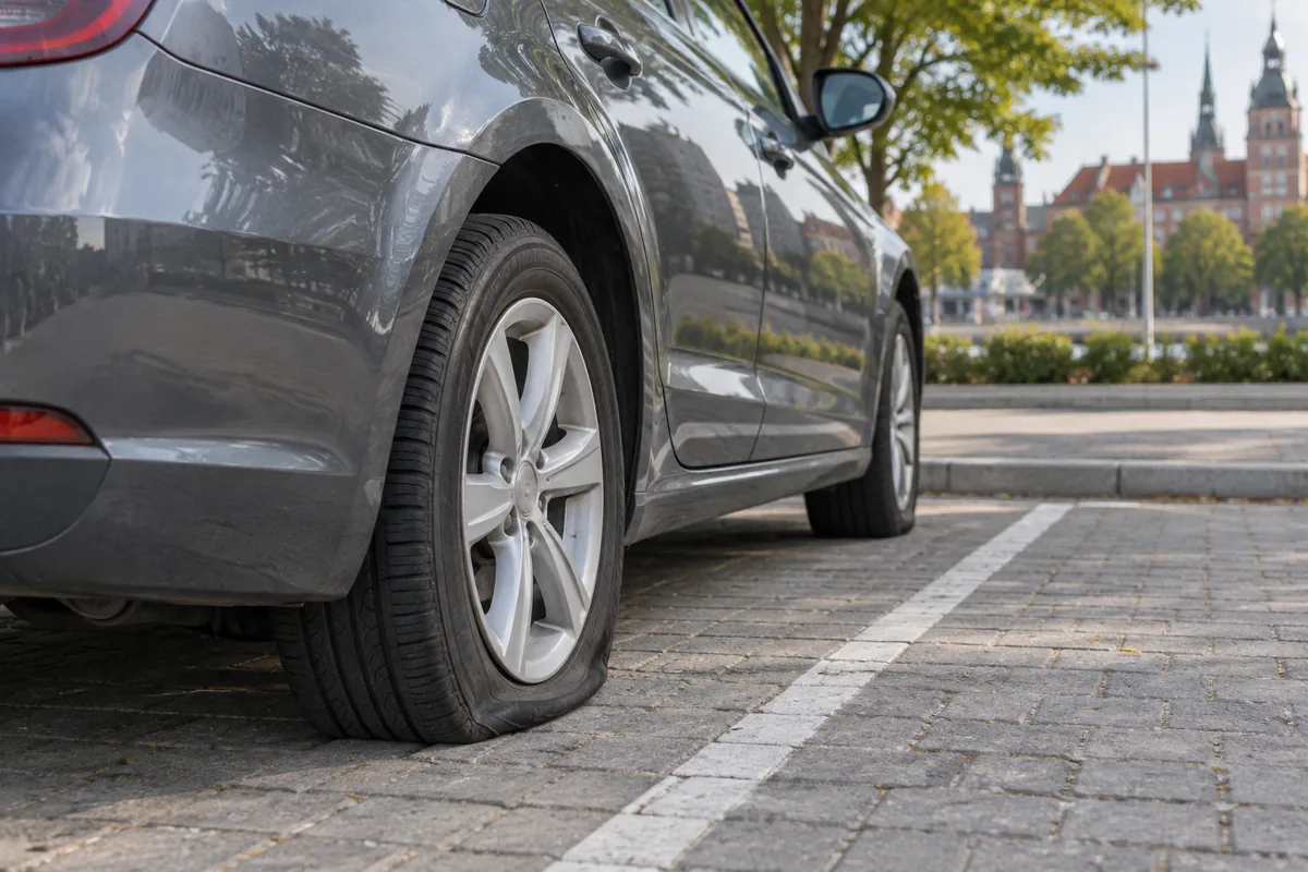 Samochód z przebitą oponą na parkingu — ilustracja